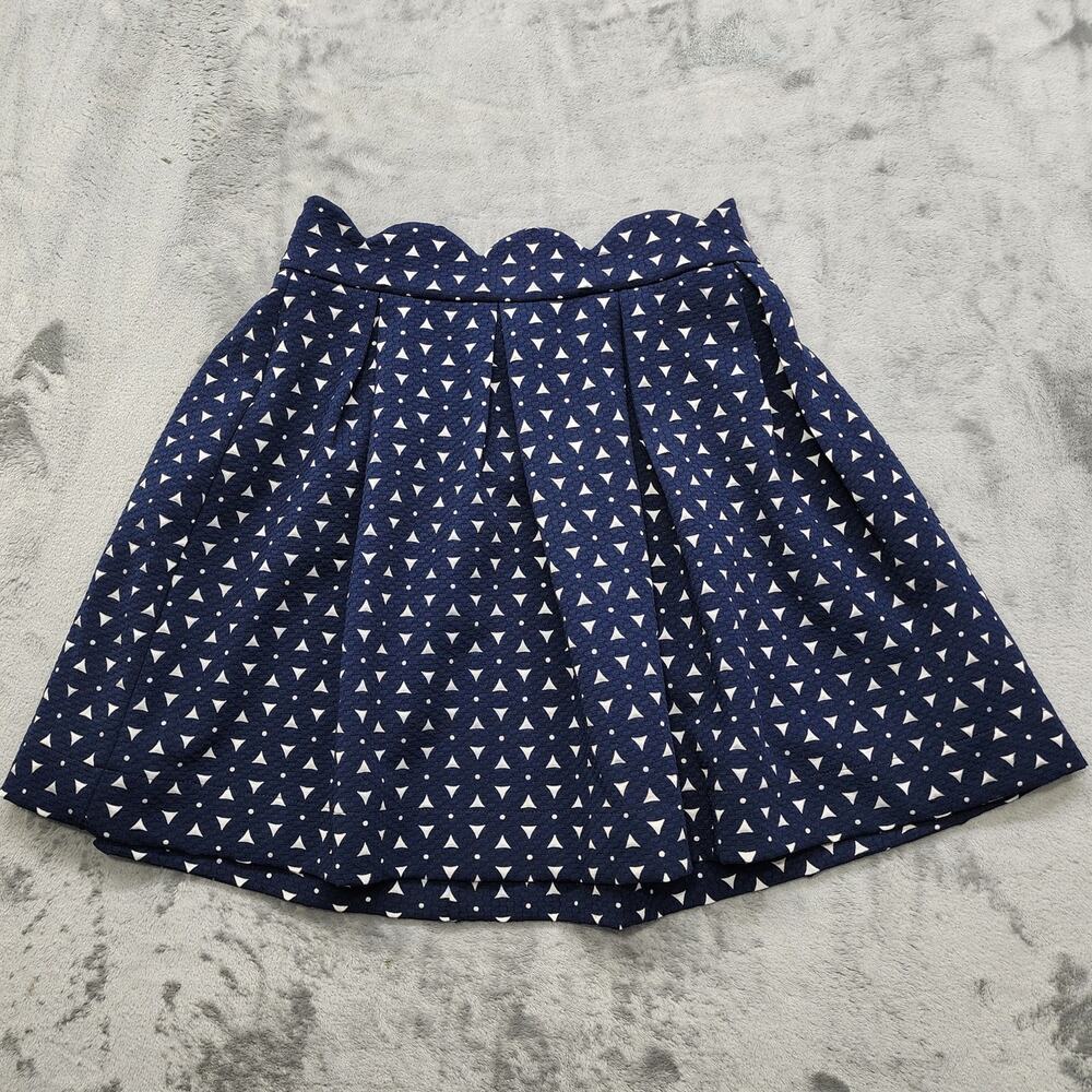 Alya Skirt Women M Blue White Geometric Triangle Scalloped Pleated Mini Back Zip